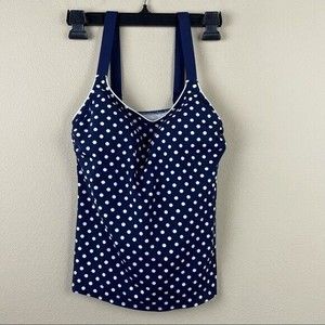 Lands End Women’s Size 2 Swim Tankini Top Full Bra Navy Blue Polka Dot